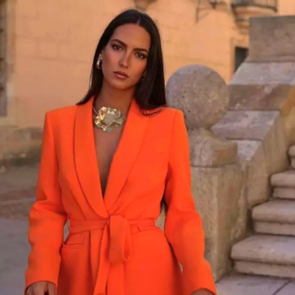 ZARA WOMEN NEW BELTED TUXEDO COLLAR BLAZER JACKET ORANGE - Picture 1 of 6